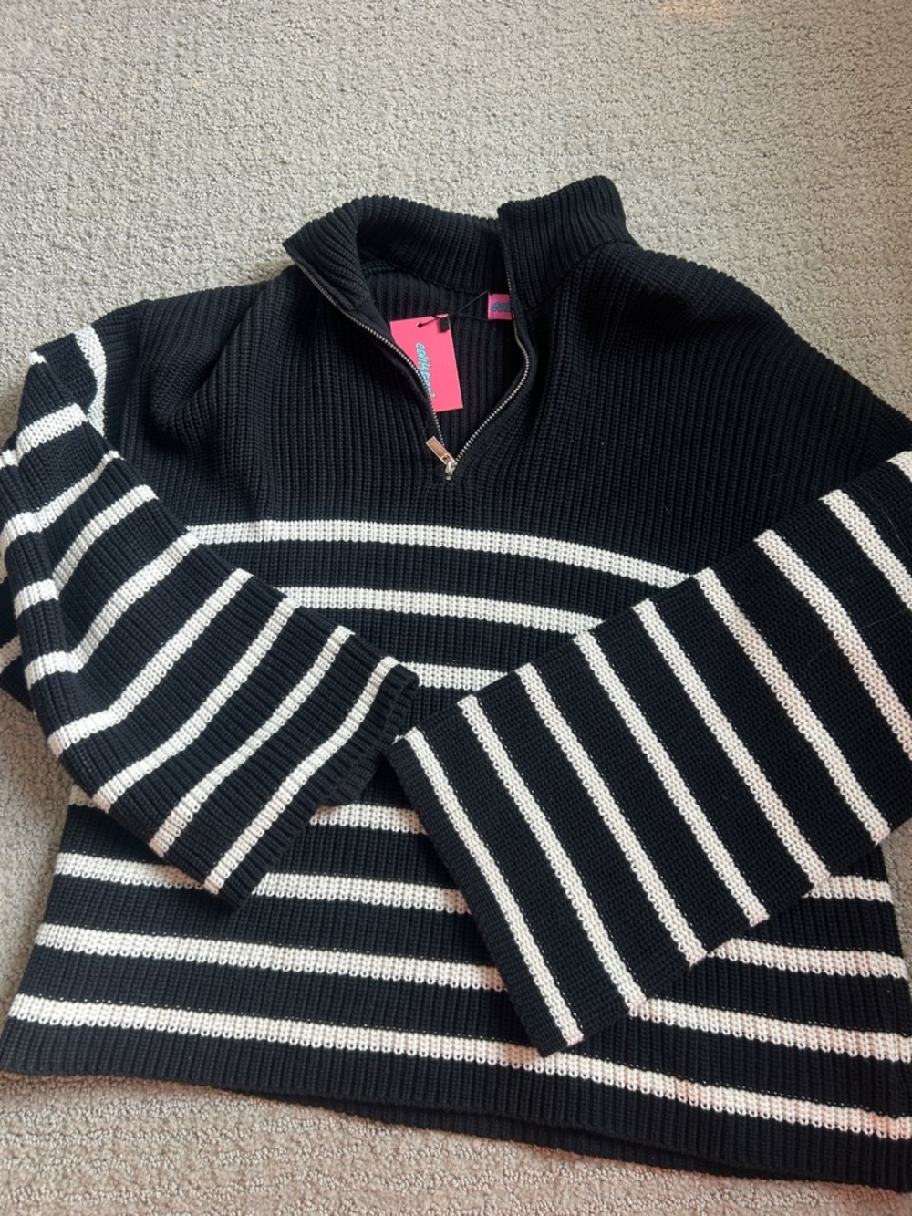 Edikted Black & White Striped Half-Zip Turtleneck Sweater